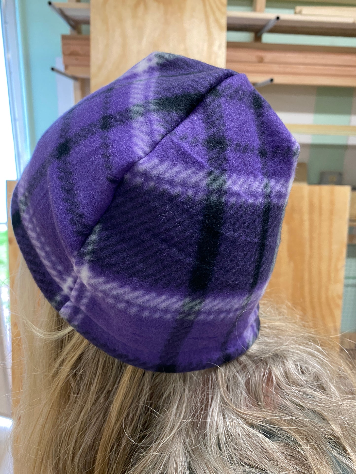 handmade warm purple and black plaid fleece hats for adults and teens